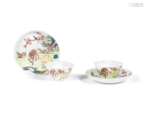 Qianlong A pair of famille rose 'deer' cups and saucers