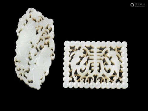 Qing Dynasty Two reticulated pale green jade plaques