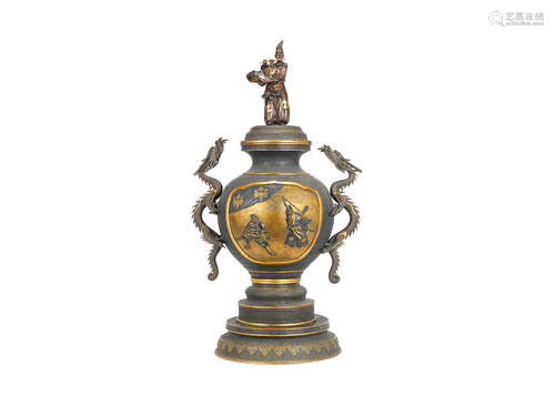 Meiji Period An inlaid bronze baluster vase, cover and stand