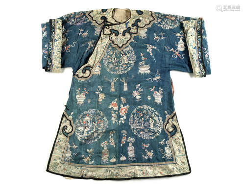 19th century A blue-ground silk embroidered robe