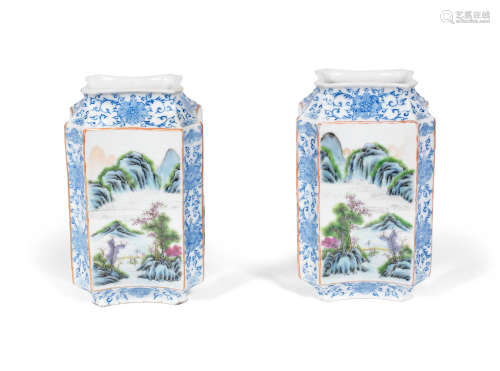 Qianlong seal marks, Republic Period A pair of enamelled 'landscape' lantern vases