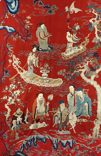 19th century A massive red-ground silk embroidered 'Eight Immortals' reversible hanging