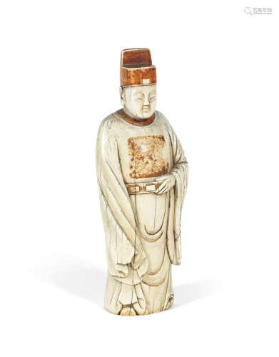 17th century A rare gilt-lacquered ivory figure of a scholar