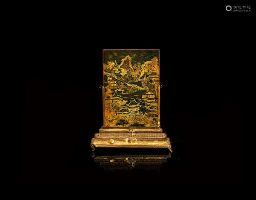 19th century A lacquered and gilt-painted jade table screen