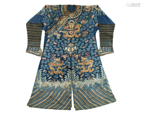 19th century A blue-ground silk gauze 'nine dragons' robe, jifu