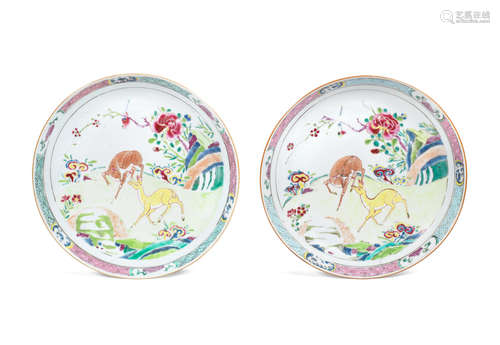 Qianlong A pair of famille rose 'deer' plates