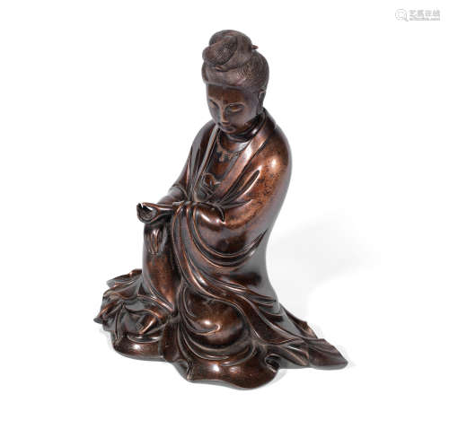 Shishou two-character mark, Qing Dynasty A silver wire-inlaid bronze figure of Guanyin