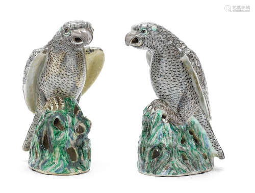 18th/19th century A pair of famille verte biscuit models of hawks