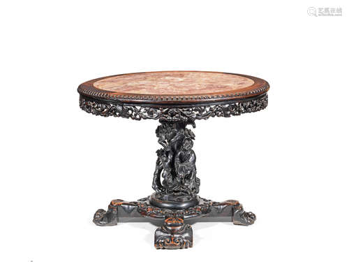 19th century A Chinese-export carved hardwood and marble inset circular table