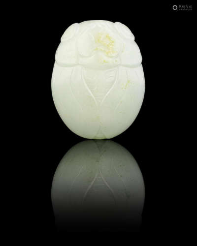 Late Qing Dynasty A very pale green and russet 'cicada' snuff bottle