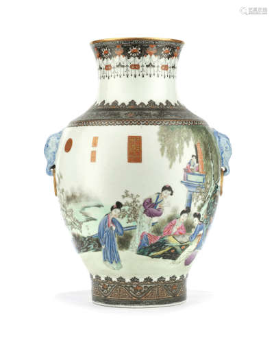Qianlong seal mark, circa 1950s A polychrome-enamelled 'four arts' baluster vase