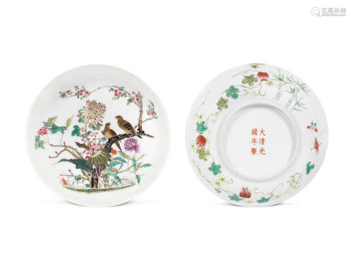 Iron red Guangxu six-character marks and of the period A pair of famille rose 'birds and flowers' saucers