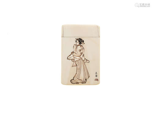 Signed Joko, Meiji Period A carved and shibayama ivory card case