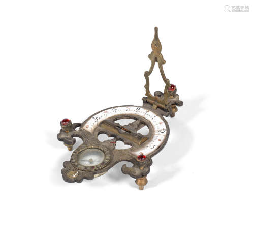 A BRONZE FOLDING EQUINOCTIAL STRING GNOMON COMPASS SUNDIAL