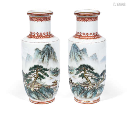 Zhongguo Jingdezhen six-character mark, Republic Period, circa 1950 A pair of enamelled 'landscape' rouleau vases
