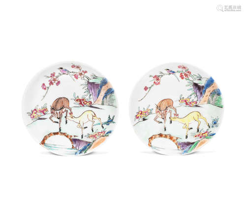 Qianlong A pair of small famille rose 'deer' saucers