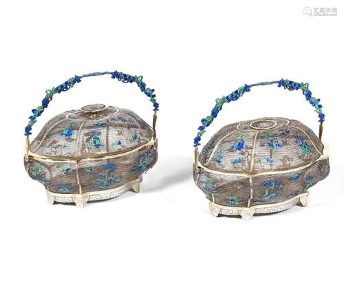 18th century A pair of silver-gilt filigree and enamel baskets and covers