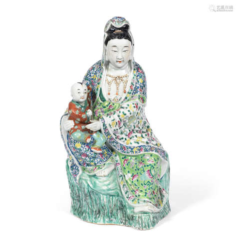 19th/20th century A famille rose figure of Guanyin and child