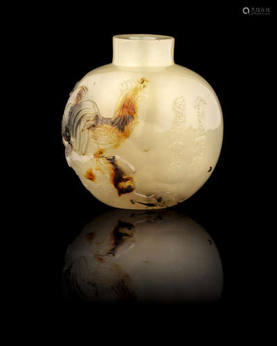 Late Qing Dynasty/Republic period An agate 'cockerels and prunus' snuff bottle