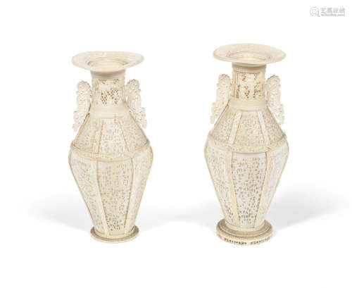 19th century A pair of Canton ivory reticulated baluster vases