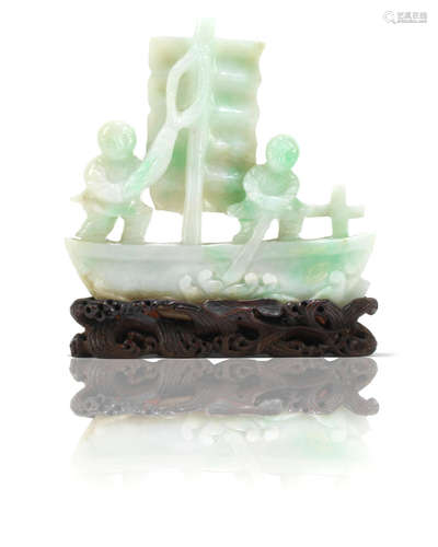 Late Qing Dynasty/early Republic Period A jadeite carving of a sailing boat