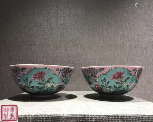 PAIR OF KANGXI MARK FLOWER BOWLS