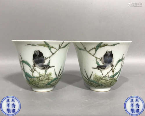 PAIR OF YONGZHENG MARK FALANGCAI CUPS