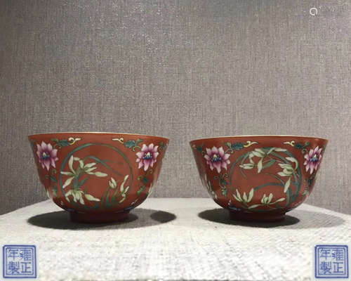 PAIR OF YONGZHENG MARK CORAL RED FALANGCAI BOWLS