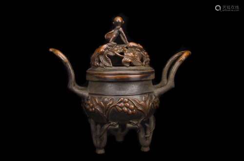 A BRONZE CARVING CENSER AND COVER, YONGLE MARK