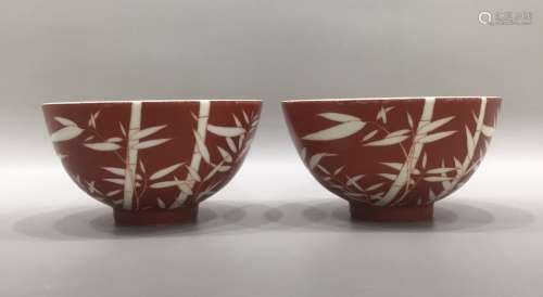 TWO CORAL RED GLAZE 'BAMBOO' BOWL, YONGZHENG MARK