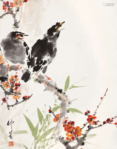 穆仲芹（1906-1990） 双鹊鸣春 设色纸本 立轴