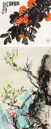 高镜明、王麦秆 1984年 作 山水花卉 设色纸本 镜片