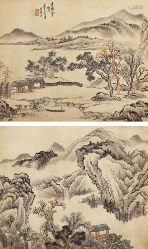捷轩（1865-1939） 山水双屏 设色纸本 硬卡