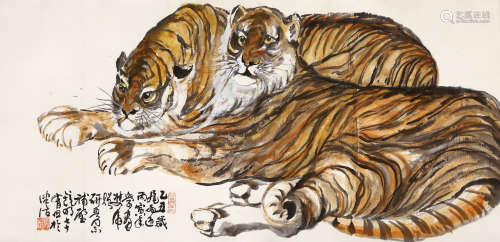 高镜明（1912-1989） 1985年 作 双虎 设色纸本 镜片