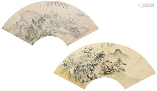 吴琴木(1894-1953) 张之万(1811-1897) 山水扇面双挖