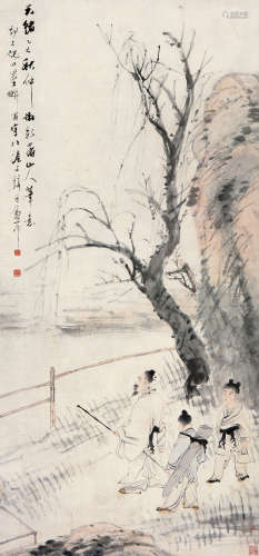 倪田(1855-1919) 策杖携琴图