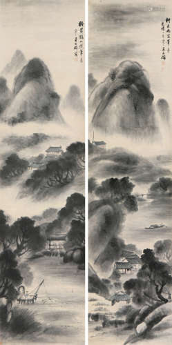 吴石仙(1845-1916) 山水对屏