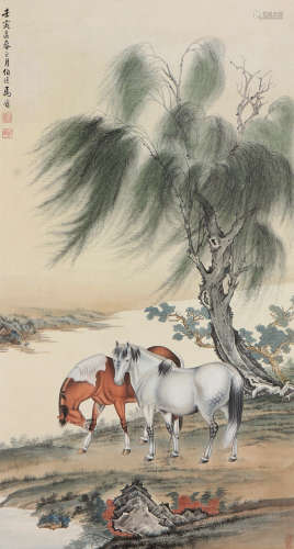 马晋(1900-1970) 柳荫双骏