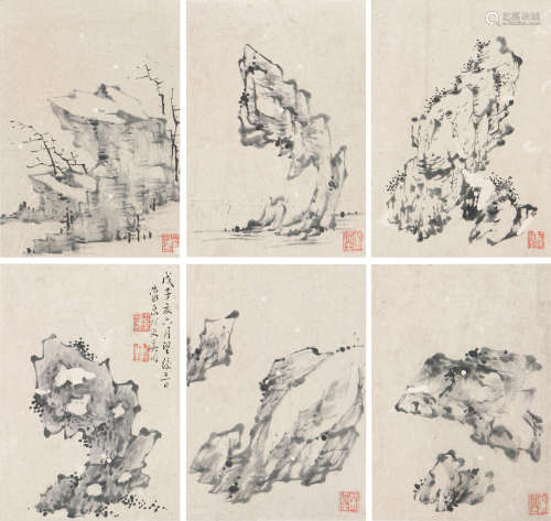 奚冈(1746-1803) 奇石图( 十二选六)