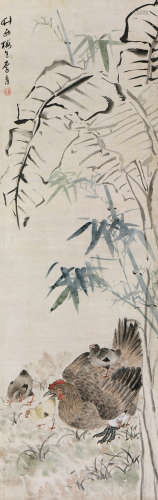 李育(1843-?) 蕉竹群鸡