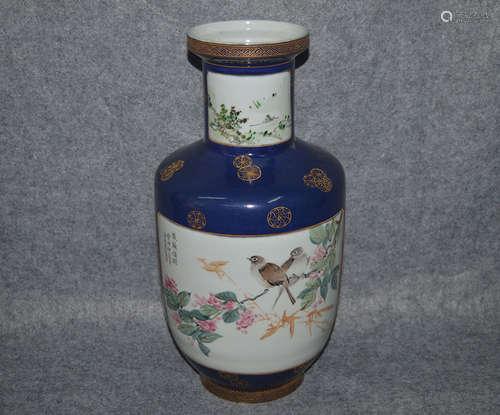 BLUE GLAZE FLORAL&BIRD PATTERN ROULEAU VASE