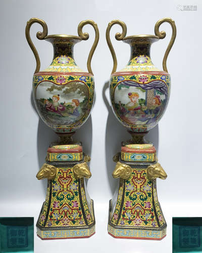 PAIR OF ENAMELED VASES WITH QIANLONG MARK