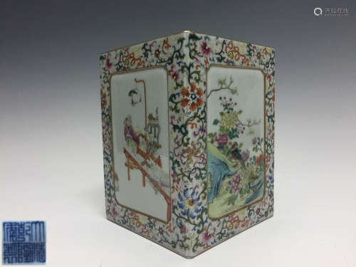 A FAMILLE-ROSE BRUSH HOLDER WITH QIANLONG MARK