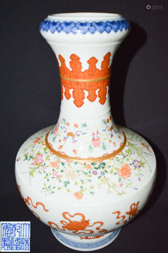 A FAMILLE-ROSE GARLIC-HEAD VASE WITH QIANLONG MARK