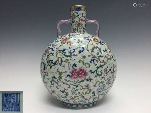 A FAMILLE-ROSE FLAT VASE WITH QIANLONG MARK