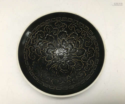 BLACK GLAZE FLORAL ENGRAVED BOWL