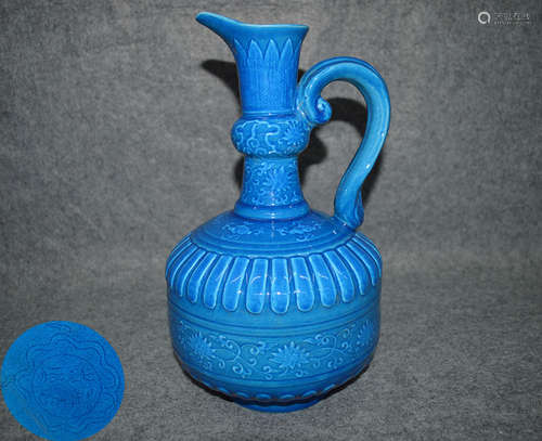 YONGLE NIANZHI MARK BLUE GLAZE MONK'S CAP EWER