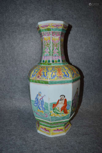 FAMILLE-ROSE EIGHT IMMORTALS DESIGN OCTAGONAL VASE