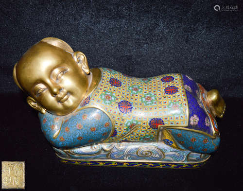 A BRONZE CLOISONNE ENAMEL PILLOW WITH QIANLONG MARK