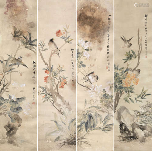 朱偁（1826～1900） 1883年作 花鸟 四屏 屏轴 设色绢本